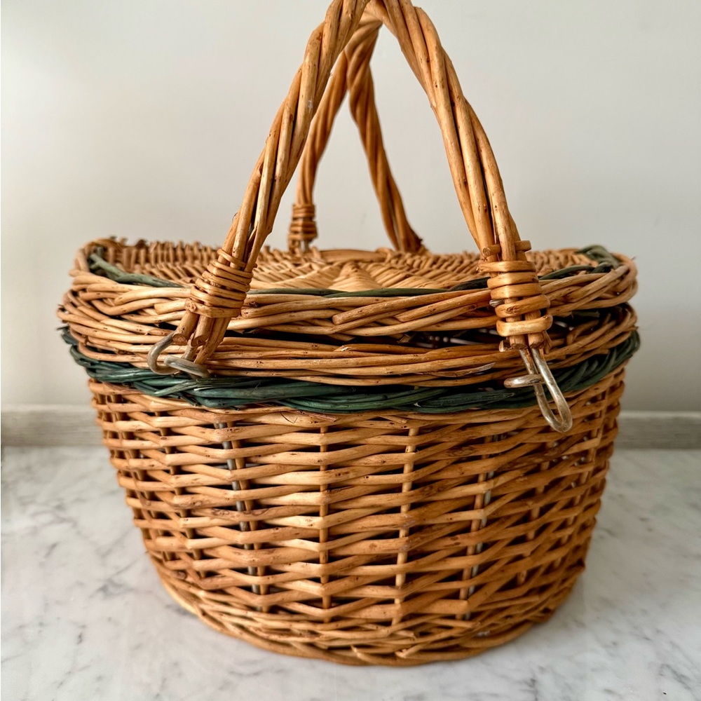 Woven Rattan Picnic Basket with Handles - Natural & Green Trim